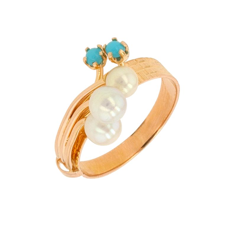 Bague vintage perles et turquoises cabochons or jaune 3.06g Comme neuf -  reconditionné disponible sur Gemme Les Bijoux